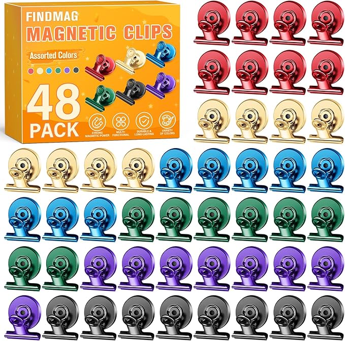 FINDMAG 48 Pack Magnetic Clips for Photo ANG Picture Display, Strong Scratch-Free Refrigerator Magnets, Heavy Duty Clips for Picture Hanging, Whiteboard, Kitchen, Office, School Use.