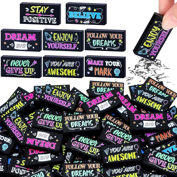 100 Pcs Inspirational Pencil Erasers Bulk for Kids Fun Motivational Eraser School Supplies Back to School Office Supplies for Classroom Office Teacher Artists (Colorful Chalkboard)