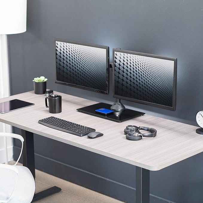 VIVO Freestanding Dual Monitor Stand with Sleek Glass Base and Adjustable Arms, Mounts 2 Screens up to 32 inch and 22 lbs Each, Black, STAND-V002FG