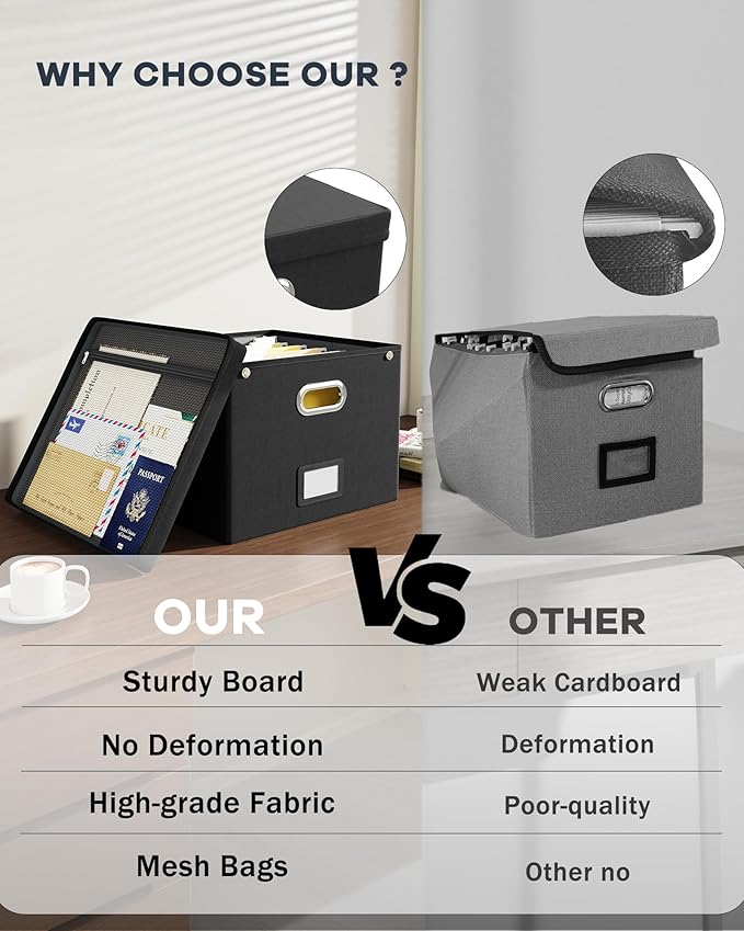 2 Pack File Organizer Box with Lid, Large Hanging Filing Box with Mesh Pocket, Document Organizer for Letter Files, Portable Storage Case for Office&Home (Black)