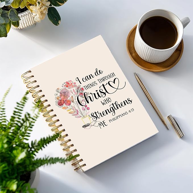 Bible Notebook, A5 Spiral Christian Journal Pink Floral Notebook, Bible Verse-I Can Do All Things Through Christ Who Strengthens Me, Inspirational Notebooks for Women, Gift for Birthday Christmas