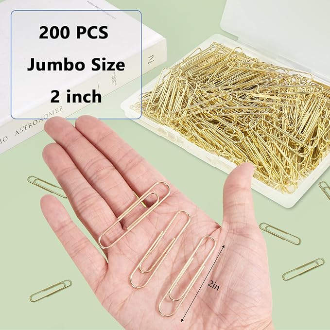 Jumbo Paper Clips, 200pcs 2 Inch Paper Clip, Large PaperClips, Stainless Steel, Paperclip for Paperwork Office School Home and Personal Use (Golden)