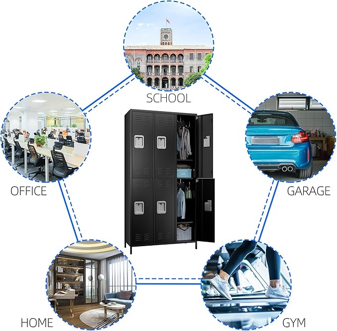 6 Doors Metal Lockers for Employees with Lock, Metal Locker with 18 Hooks for School Garage Office Gym Home,Assembly Required,Black