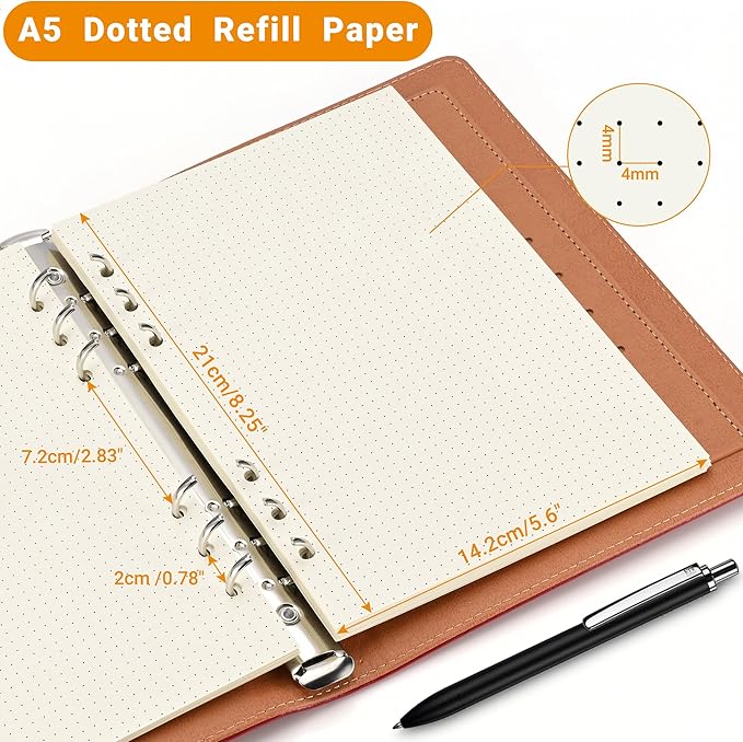 A5 Dot-Ruled Refill Paper, 100gsm Thick Beige No-Bleed Sheets (2 Packs, 80 Sheets Each), Pre-Punched – Fits A5 6-Ring Binders for Office, School & Teachers