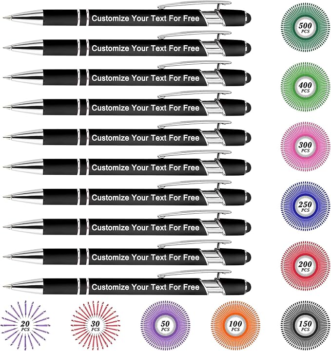 Max 500 Pcs Personalized Pens Bulk, Custom Pens with Free Engraving, Customized Stylus Tip Ballpoint Pen with Your Name Massage Text for School Office Business Graduation Anniversaries-10 Packs