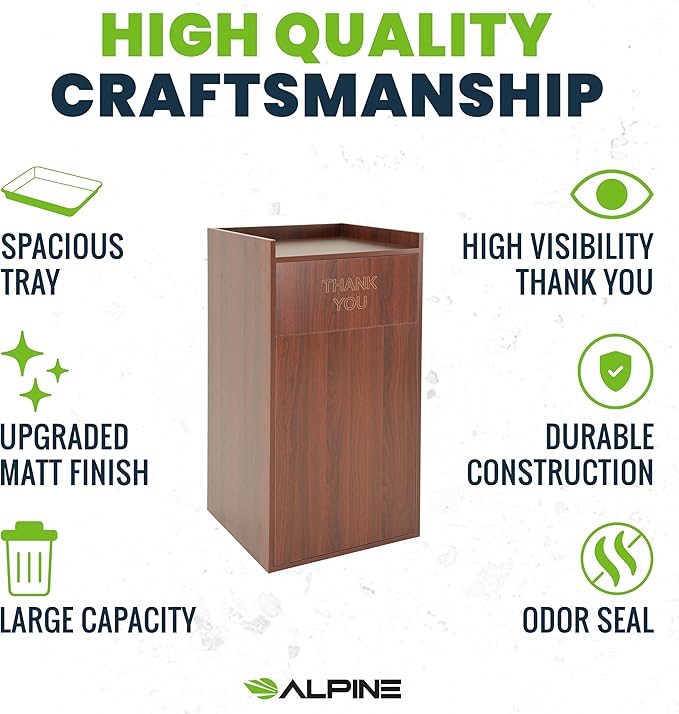 Alpine Restaurant Trash Can Cabinet - Commercial Trash Can 40 Gallon, Garbage Receptacle Indoor with Tray Holder for Restaurants, Cafeterias (Mahogany)