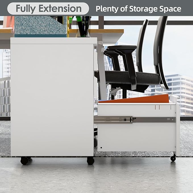 3 Drawer Mobile File Cabinet with Lock, Under Desk Metal Filing Cabinet for Office,Home,A4/Legal/Letter Size, Fully Assembled (White)