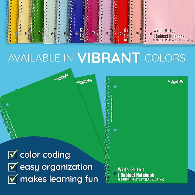 Blue Summit Green Wide Ruled Spiral Notebooks Bulk, 1 Subject Spiral Notebook Wide Ruled, Paper School Bulk Notebooks, 48 Pack