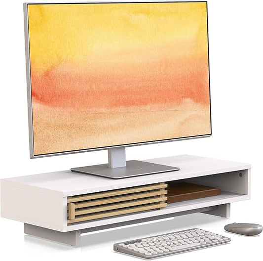 Monitor Stand Riser with Sliding Door, Computer Laptop Stand Desk Shelf Organizer with Storage (White + Natural Bamboo, 25 Inch)