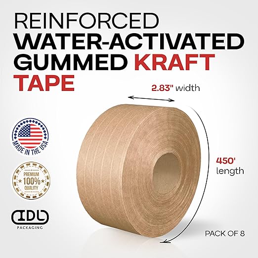 IDL Packaging 2.83" x 450 feet Reinforced Water-Activated Kraft Gummed Tape 30lb Thickness (Pack of 8) - Secure Paper Packing Tape for Secure Carton Sealing - Heavy-Duty for All Conditions, Brown