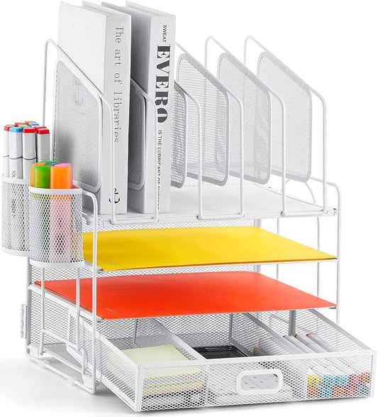 Marbrasse Desk Organizers, 4-Tier Mesh Desk File Organizer with 5 Vertical File Holders and 2 Pen Holders, Multifunction Desktop Organizer,Desk Organizers and Accessories for Home Office (White)