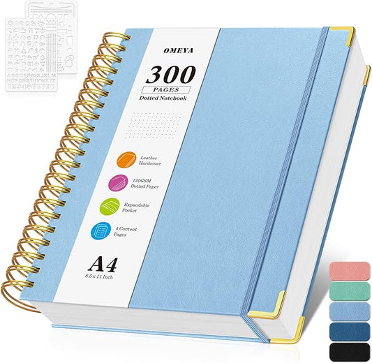Bullet Dotted Journal Spiral Notebook, 300 Pages Leather Notebooks with Contens, 120 GSM Thick No Bleed Through Paper Journals, A4 Dot Grid Notebook for Women Men Work Writing, 8.5" x 11", Light Blue