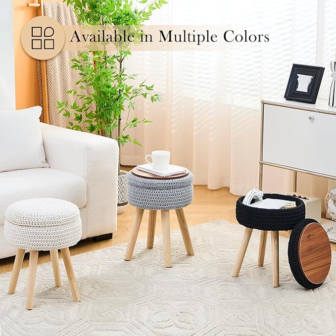 Round Foot Stool Ottoman with Storage Footrest with Wood Legs Cotton Knitted Vanity Stool Tray Top Coffee Table Multifunctional Upholstered Footstool for Living Room Bedroom Grey