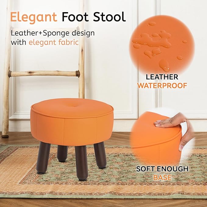 13in Small Foot Stool Ottoman, Round Faux Leather Foot Rest for Couch, Under Desk Pouf Footstool Footrest with Non-Skid Rubber Legs for Ling Room, Bedroom, 13''L x 13''W x 10.2''H, Orange