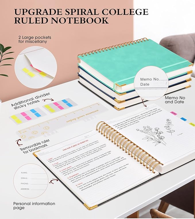 Spiral Notebook Journal 5.75” x 8.38”, 300 Pages Hardcover Leather Lined Journals for Women Men, A5 Small College Ruled Notebooks with 100 GSM Thick Paper, Spiral Journal for Writing Work School,