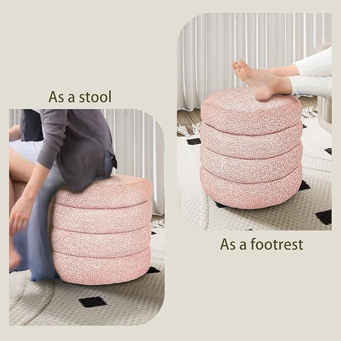 Storage Ottoman, Round Ottoman with Storage, Vanity Stool Foot Rest with Removable Lid, Round Boucle Upholstered for Living Room Pouf Footstool (Pink)