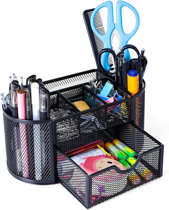 Black Mesh Pen Holder Desk Organizer Cute Office Supplies Pencil and Marker Organizers Oval Desk Caddy with 8 Compartments and 1 Drawer Workspace Accessories for Office School Home
