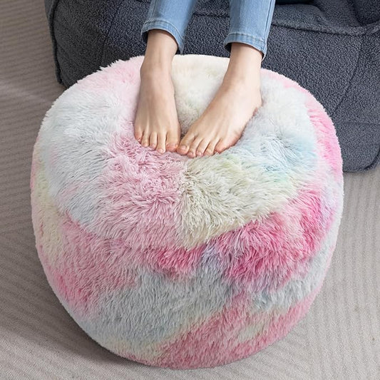 HIGOGOGO Round Stuffed Pouf Ottoman, Long Faux Fur Poufs with Foam Chunk Filling, Fluffy and Furry Pouf Foot Stool Storage Ottoman, 20 X 15 Floor Poufs Foot Rest for Living Room, Rainbow