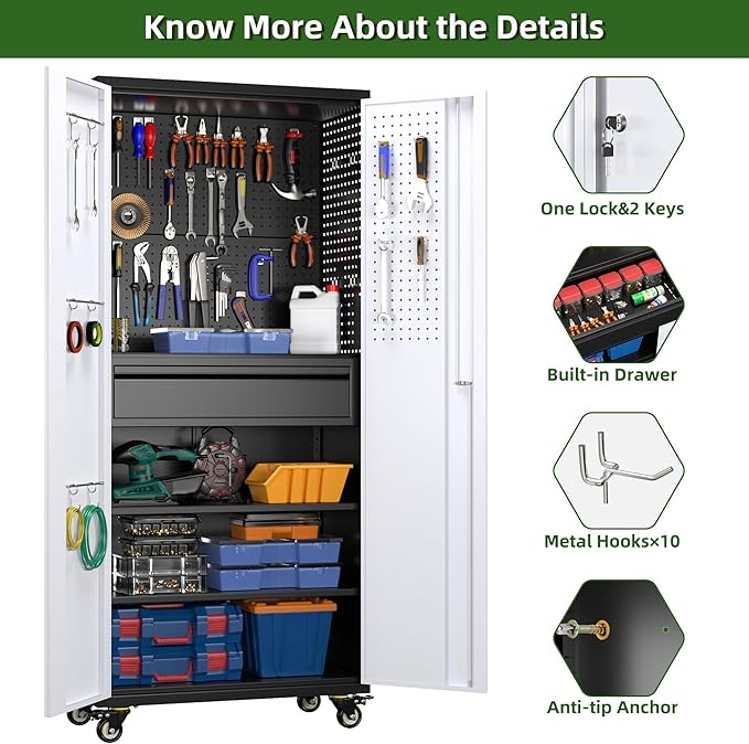 Aobabo Garage Storage Cabinet with Wheels, Metal Tool Storage Cabinet with 1 Drawer for Home,Assembly Required,Black&Grey