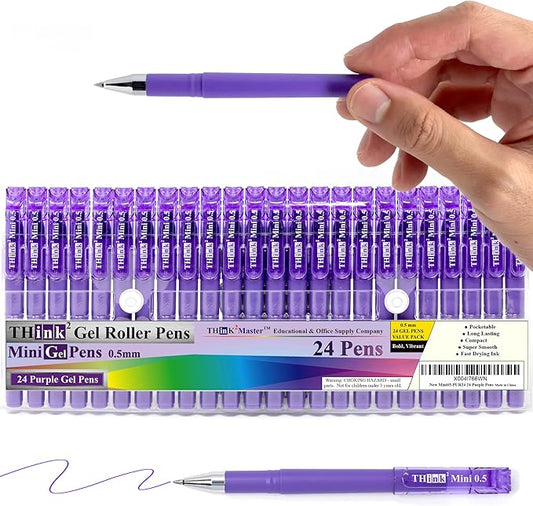 THINK2MASTER [24 Pens - Purple Ink Think2 0.5mm Pocketable Mini Gel Pens. (24 Purple) Fine Point Small Rollerball Pens with Smooth Quick Drying Ink.