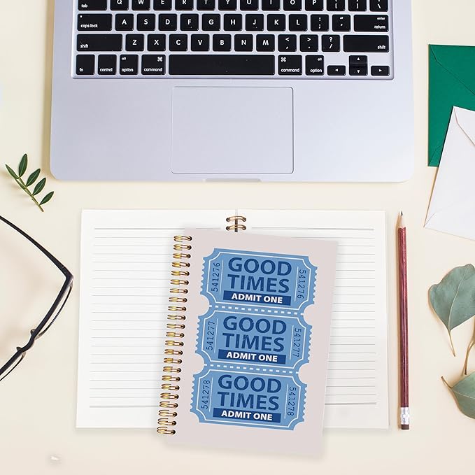 BearCake Funky Retro Y2K Blue Preppy Notebook, Good Times Ticket Preppy Journal, Blue Aesthetic Notebooks, Blue Office Supplies, Blue Desk Accessories, Hardcover Spiral Notebook 5.5x8.3