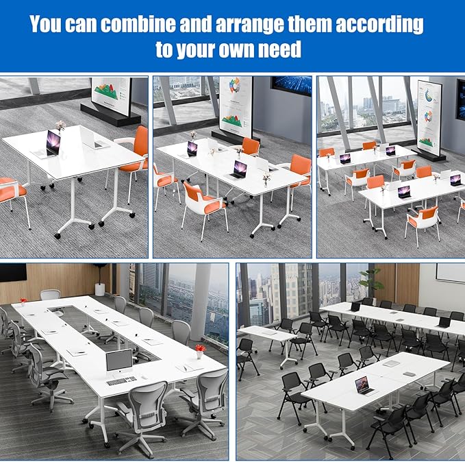 Conference Table, Folding Conference Desk Modern White, Seminar Table with Wheels, 2-10 People for Office, Meeting Break Room (2, 1915, 47IN)