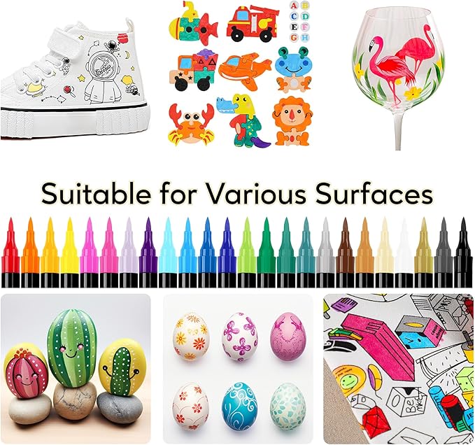 24 Colors Acrylic Paint Markers, Dual Tip with Fine Tip and Brush Tip Pens for Stone, Wood, Calligraphy, Canvas, Ceramic, Metal, Glass, Rock Painting, DIY Crafts