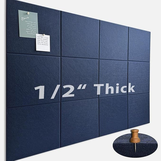 Large Cork Board for Office Wall Decor,48"x36"-12 Pack Felt Wall Tiles with 35 Push Pins, Thicker 0.47in, Felt Bulletin Board Pin Board Cork Boards for Walls - Dark Blue