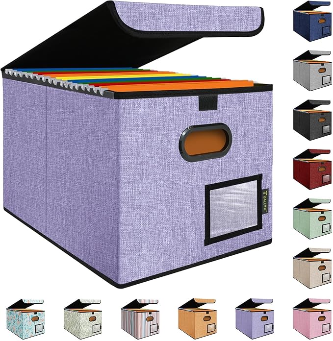 BALEINE File Organizer Box with Lid, Collapsible File Folder Organizer with Plastic Slide, Hanging File Folder Box for Office Document Storage (1 Pack, Purple)