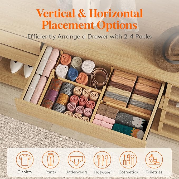 Lifewit 4 Pack Drawer Dividers Bamboo 4" High, 12-17" Adjustable Drawer Organizers for Clothes, Expandable Dresser Separators in Bedroom/Bathroom/Kitchen/Fridge/Office Organization and Storage