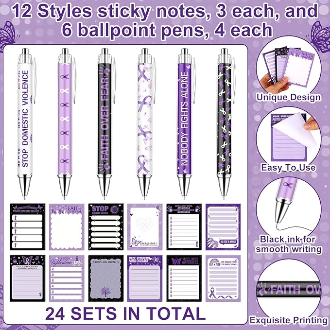48 Domestic Violence Awareness Month Supplies Stop Domestic Violence Sticky Notes and Ballpoint Pens with Purple Ribbon Against Violence DV Survivor Support Gifts October Awareness Month Gift