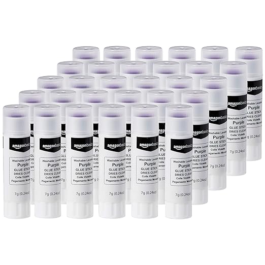 Amazon Basics Purple Washable School Glue Sticks, Dries Clear, 0.24-oz Stick, 30-Pack