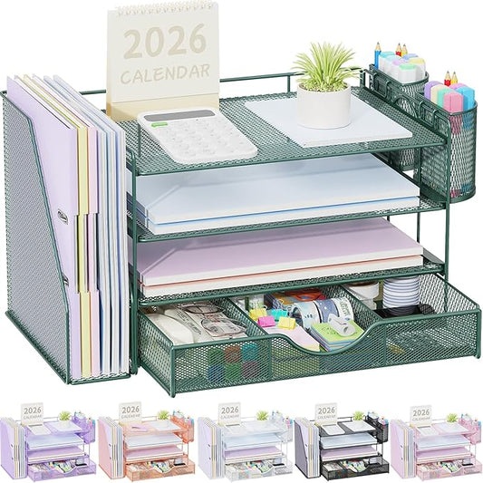 gianotter 4-Tier Desk Organizer with Drawers, File Holders, Letter Trays and Pen Holders - Workspace Accessories for Office Supplies (Green)