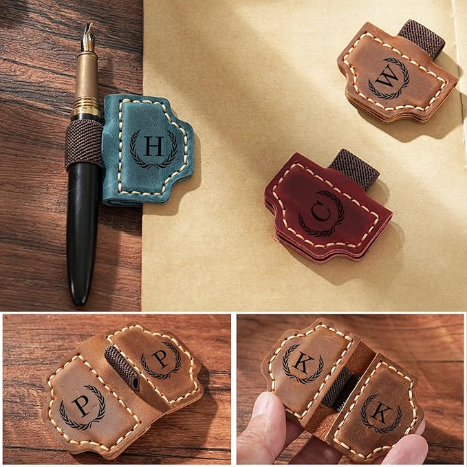 Personalized Magnetic Leather Bookmark with Pen Holder - 26 Letters Custom Book Mark with Name Initial Engraved Book Marker for Readers, Book Lovers, Travelers - Gift for Women & Men(Light Brown，E