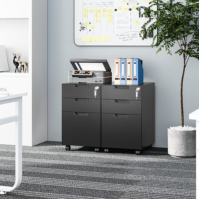 3 Drawer Vertical File Cabinet, Mobile Filling Cabinets with Lock for Legal/Letter Size, Pre-Built Office Storage File Cabinet with Wheels Under Desk - Fully Assembled