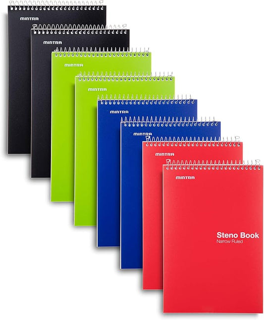 Mintra Office Steno Book - (Primary Colors, 8 Pads/Pack, Narrow Ruled) - 6inx9in, 100 Sheets per pad, POLY Cover, notebook for writing notes in school, university, college, work, office