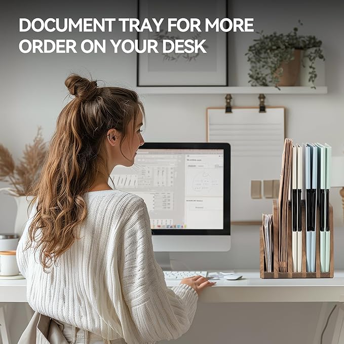 KIRIGEN Wooden Desk Mail Organizer 5 Slots File Paper Holder Desktop Wood Document Letter Holder Organizer for Home Office Dark Brown (5KWJJ-DBR)