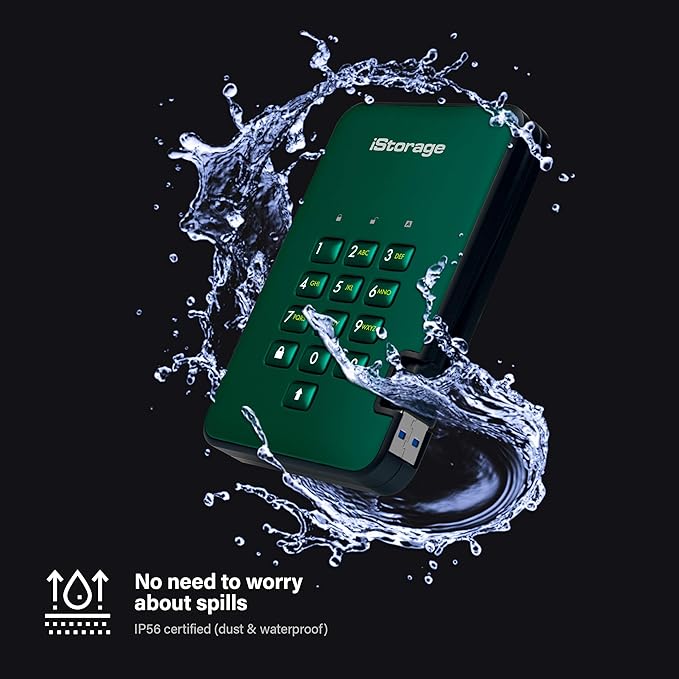 iStorage diskAshur2 HDD 2TB Green | Secure portable hard drive | Password protected | Dust & water resistant | Hardware Encryption