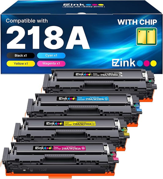 E-Z Ink 218A with Chip Compatible for HP 218A Toner Cartridges 4 Pack 218X Toner for HP Color Laserjet pro MFP 3301fdw Toner 3301cdw 3201dw 3301sdw Printer Ink Set W2180A W2180X (BCMY)