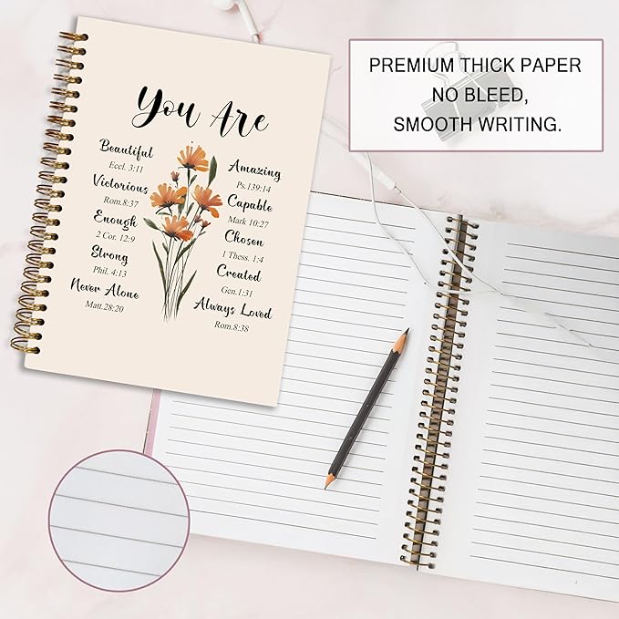 Bible Notebook, A5 Spiral Christian Journal with Floral Pink Butterfly Notebook, Bible Verse-God Says You Are, Inspirational Notebooks for Women, Bible Study, Gift for Birthday Christmas