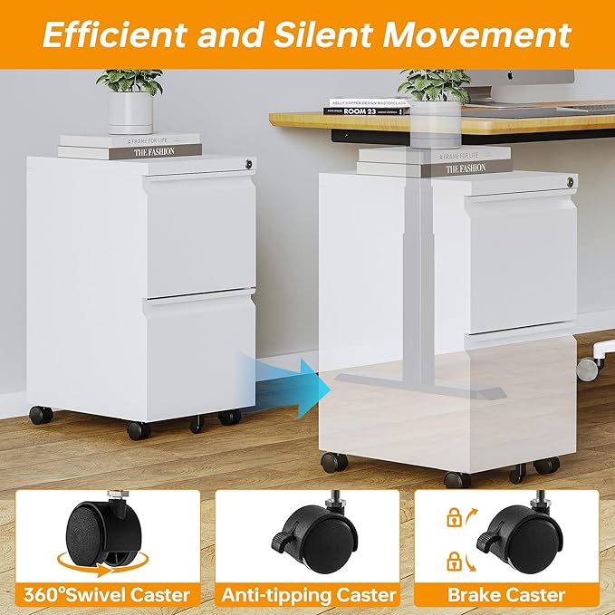 2 Drawer Mobile File Cabinet with Lock Steel Small Rolling File Cabinet Legal/Letter/A4 Size Under Desk Metal Filing Cabinet for Home Office Vertical Filing Cabinet Printer Stand Fully Assembled