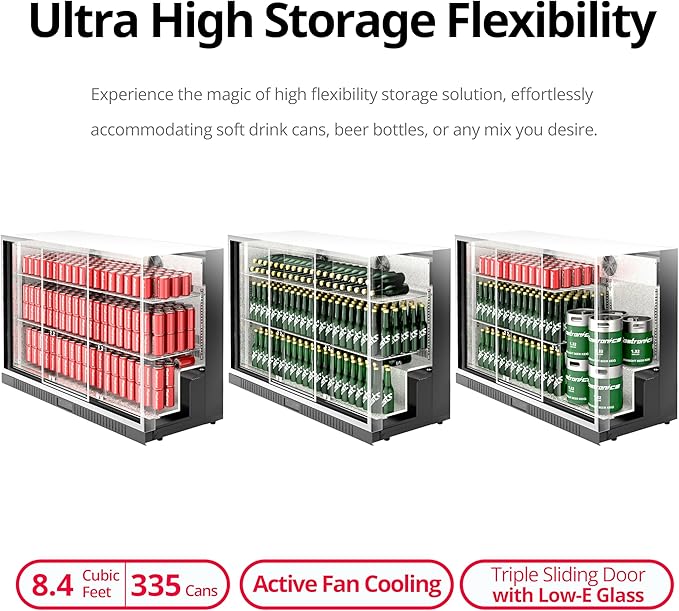 54 in. 335 cans Triple Sliding Door Back Bar Beverage Cooler, 10.8 cu. ft. Under Counter Glass Door Bar Fridge, lockable, 32-50°F Display Refrigerator, ETL & NSF7 Certified