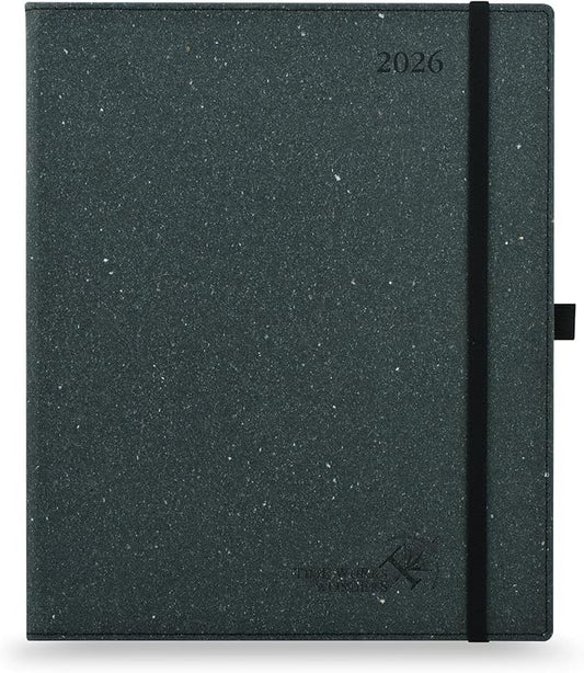 POPRUN 2026 Planner - 2026 Recycled Weekly Planner[8.5''x 10.5''- Italian Regenrated Leather Hard Cover] with Hourly Schedule & Vertical Weekly Layout, Monthly Tabs, Inner Pocket - Black Grey