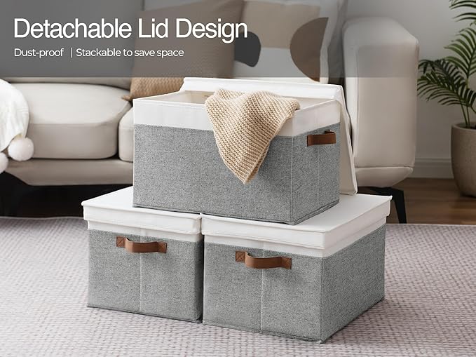StorageWorks Storage Bins with Lids, Decorative Storage Boxes with Lid and PU Handles, Foldable Storage Baskets for Closet, Shelves, Stackable, Grey and White, Jumbo, 3-Pack