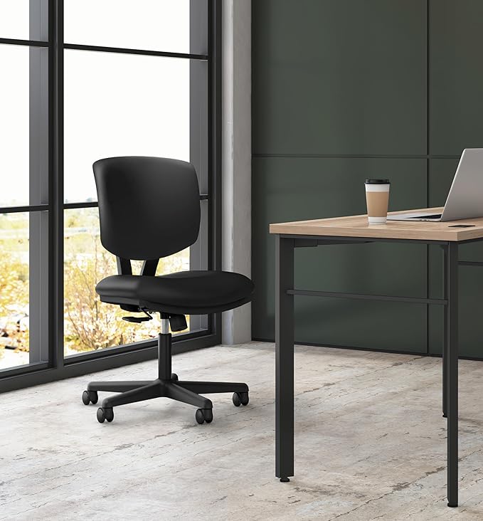 HON Volt Armless Computer Chair for Office Desk Ergonomic Recline, Softhread Leather Back Seat, Swivel Desk Chair for Computers, Work, Black