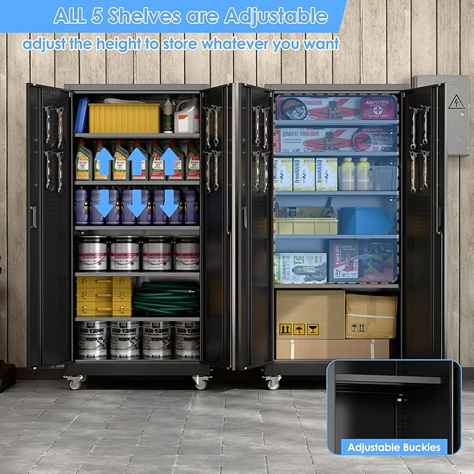 Aobabo Upgraded Garage Storage Cabinets with Wheels,Metal Storage Cabinets with 5 Adjustable Shelves for Garage Home Office Storage, Black,71''H*34''W*18''D,Assembly Required