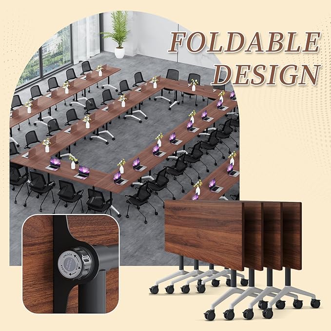 Folding Conference Room Table, Modern Conference Tables with Wheels, Large Rectangular Mobile Training Tables for Office Classroom, Foldable Modular Boardroom Seminar Table (6pack L70.9in)