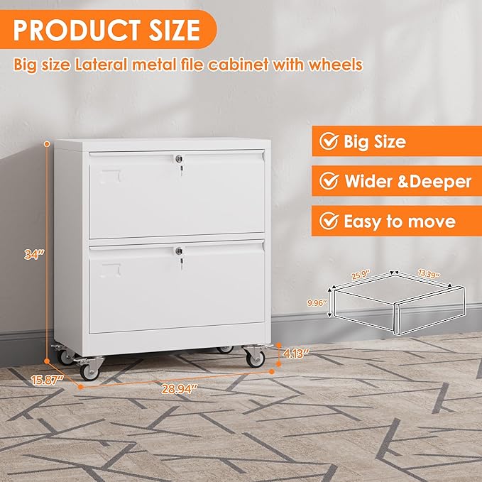 Aobabo Metal 2 Drawer Lateral File Mobile Cabinet with 2 Lock, File Cabinet with Wheels and Adjustable File Bars for Office,Home, for Letter/Legal Size,White, Assembly Required