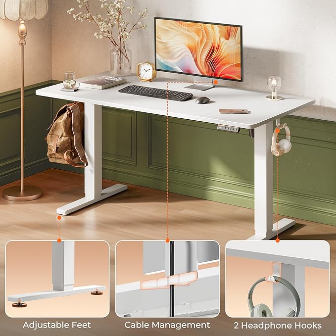 Huuger 55 x 28 Large Electric Standing Desk, Height Adjustable Copmuter Desk, 27.6" Deep Desktop, Stand up Gaming Office Table with 2 Hooks, 3 Preset Heights, for Home Office, White