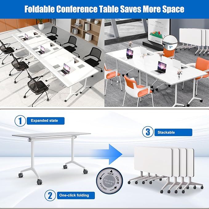 Conference Table, Folding Conference Desk Modern White, Seminar Table with Wheels, 2-10 People for Office, Meeting Break Room (2, 1915, 47IN)